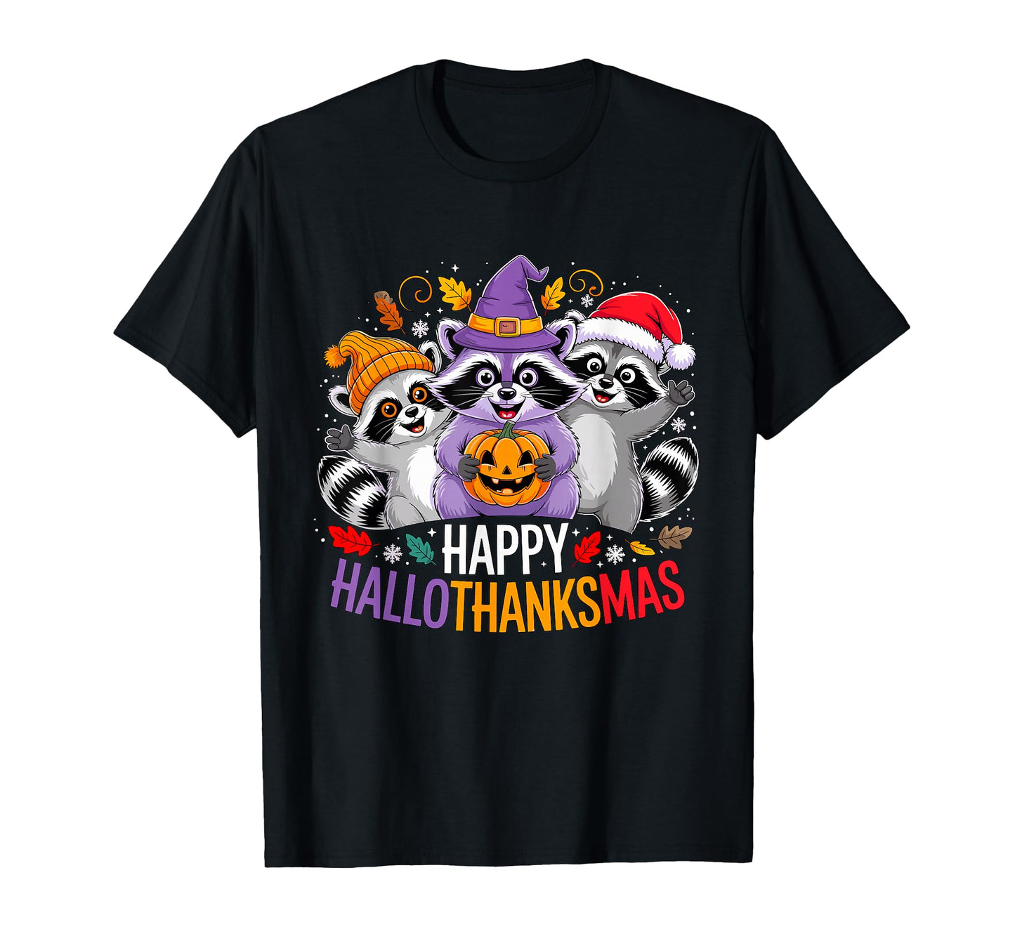 Happy Hallothanksmas Raccoon Trio Pumpkin T-Shirt