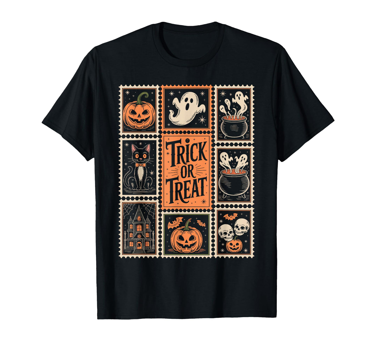 Halloween Stamps Spooky Pumpkin Ghost Cat Witch Skeleton T-Shirt