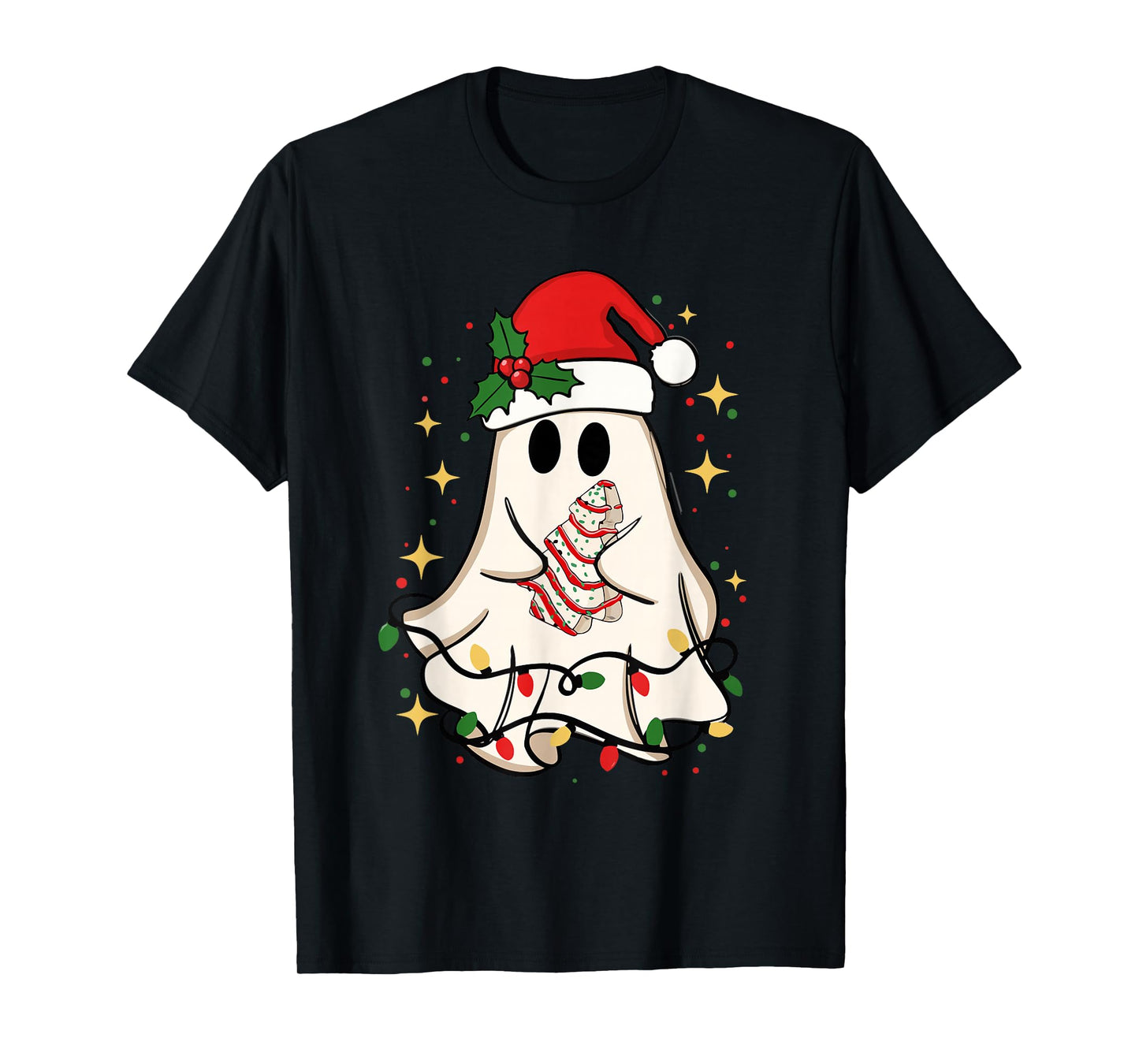 Cute Ghost Lights Tree Cake Merry Christmas Funny Xmas T-Shirt