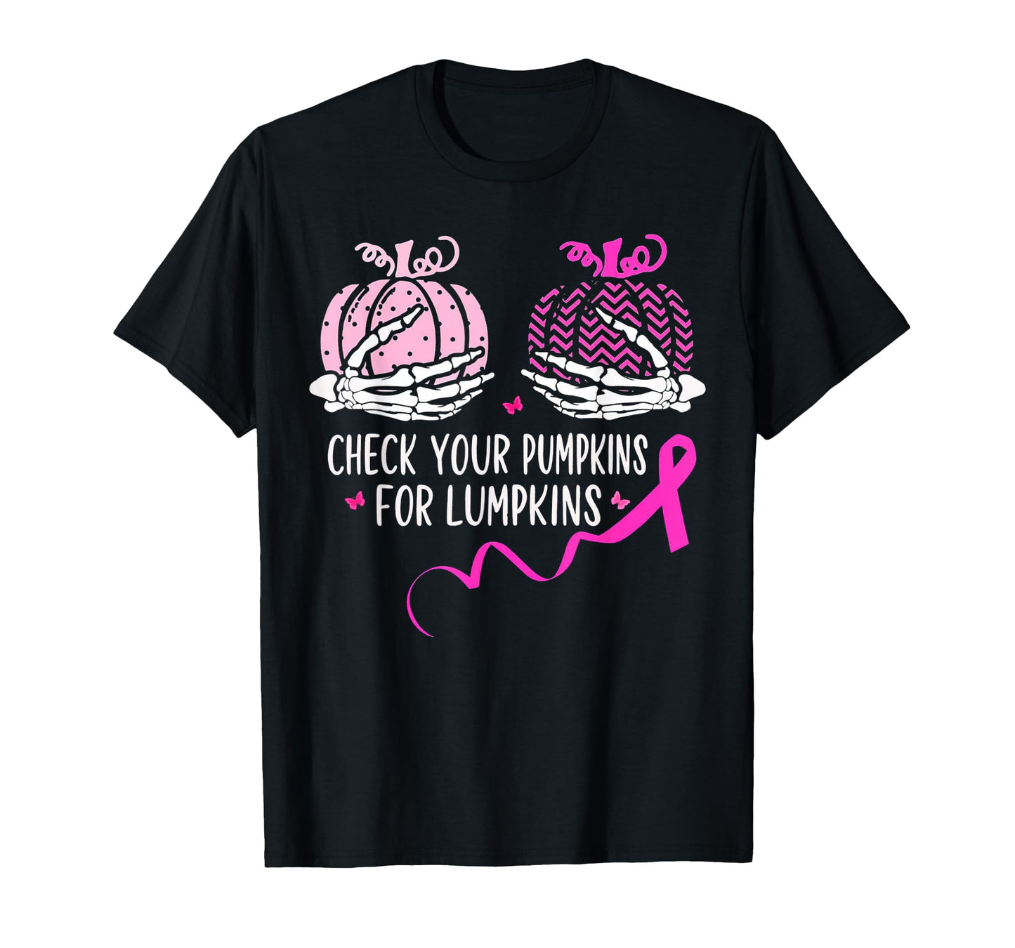 Skeleton Check Your Pumpkins Pink Breast Cancer Awareness T-Shirt