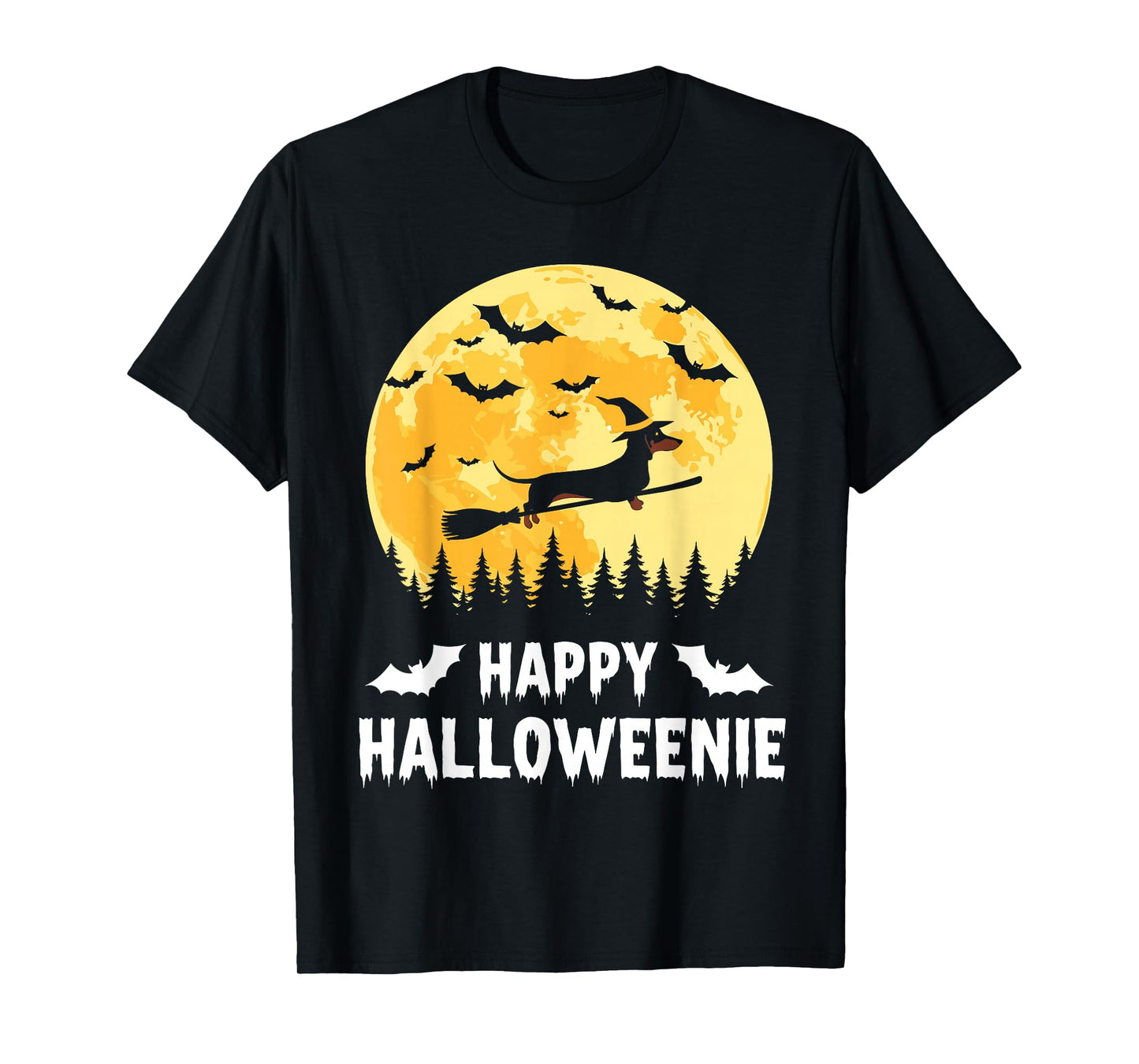 Happy Halloweenie Funny Halloween Dachshund Flying Witch T-Shirt
