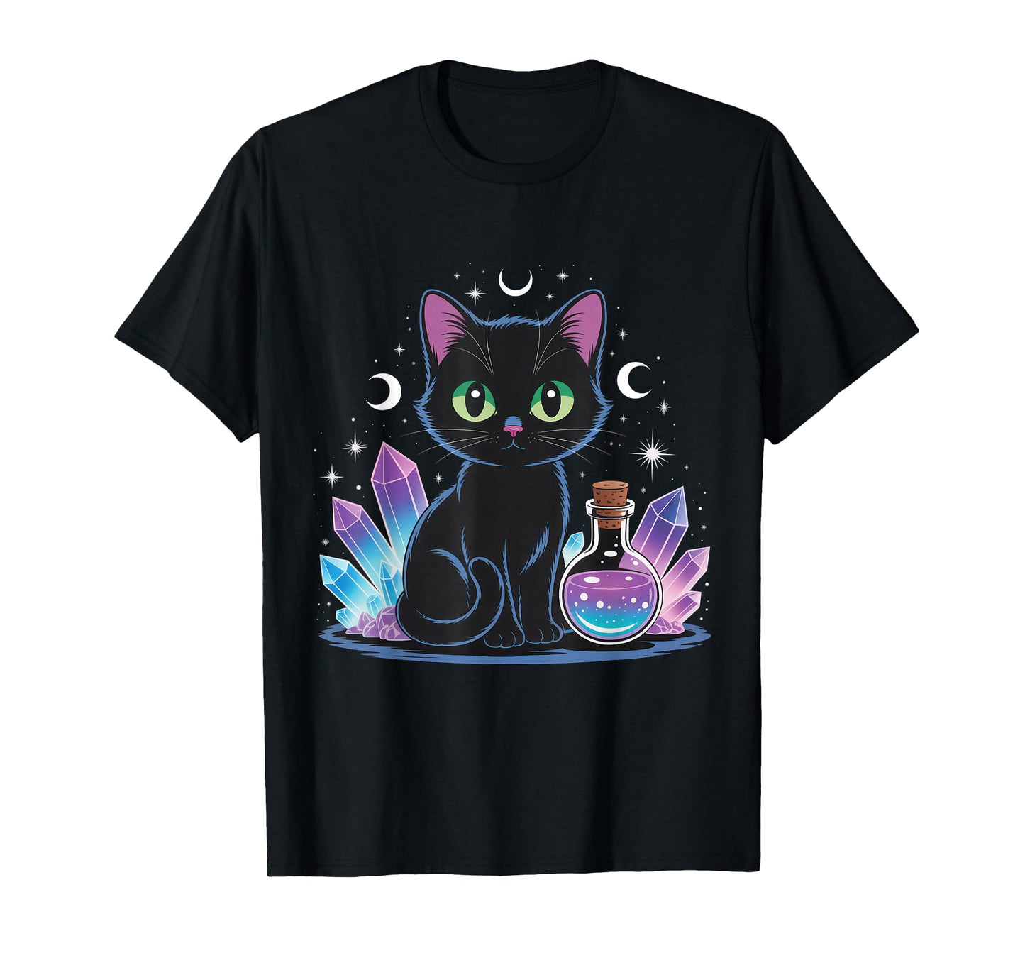 Black Cat Crystals Potion Bottle Moon Mystic Witchy Vibes T-Shirt