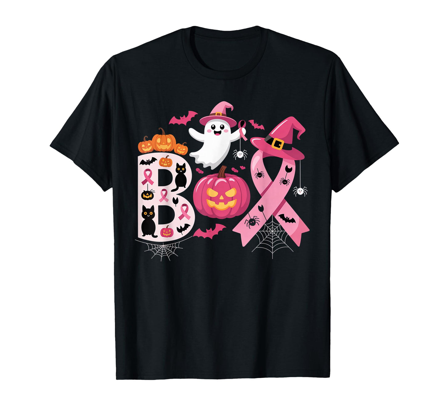 Boo Halloween Pumpkin Pink Ribbon Witch Cancer Awareness T-Shirt