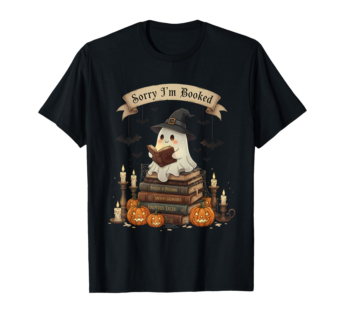 Sorry I’m Booked Ghost Reading Witch Hat Pumpkin Halloween T-Shirt