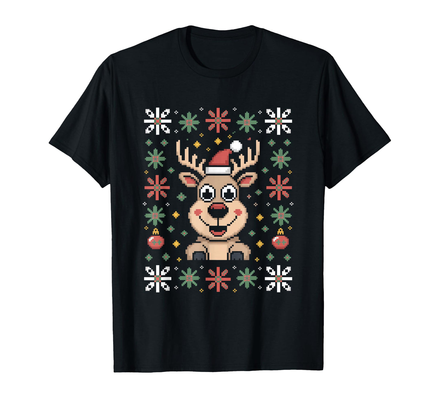 Cute Reindeer Ugly Christmas Sweater Pixel Santa T-Shirt