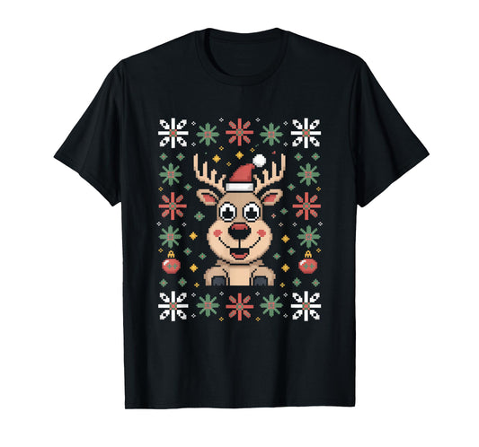 Cute Reindeer Ugly Christmas Sweater Pixel Santa T-Shirt