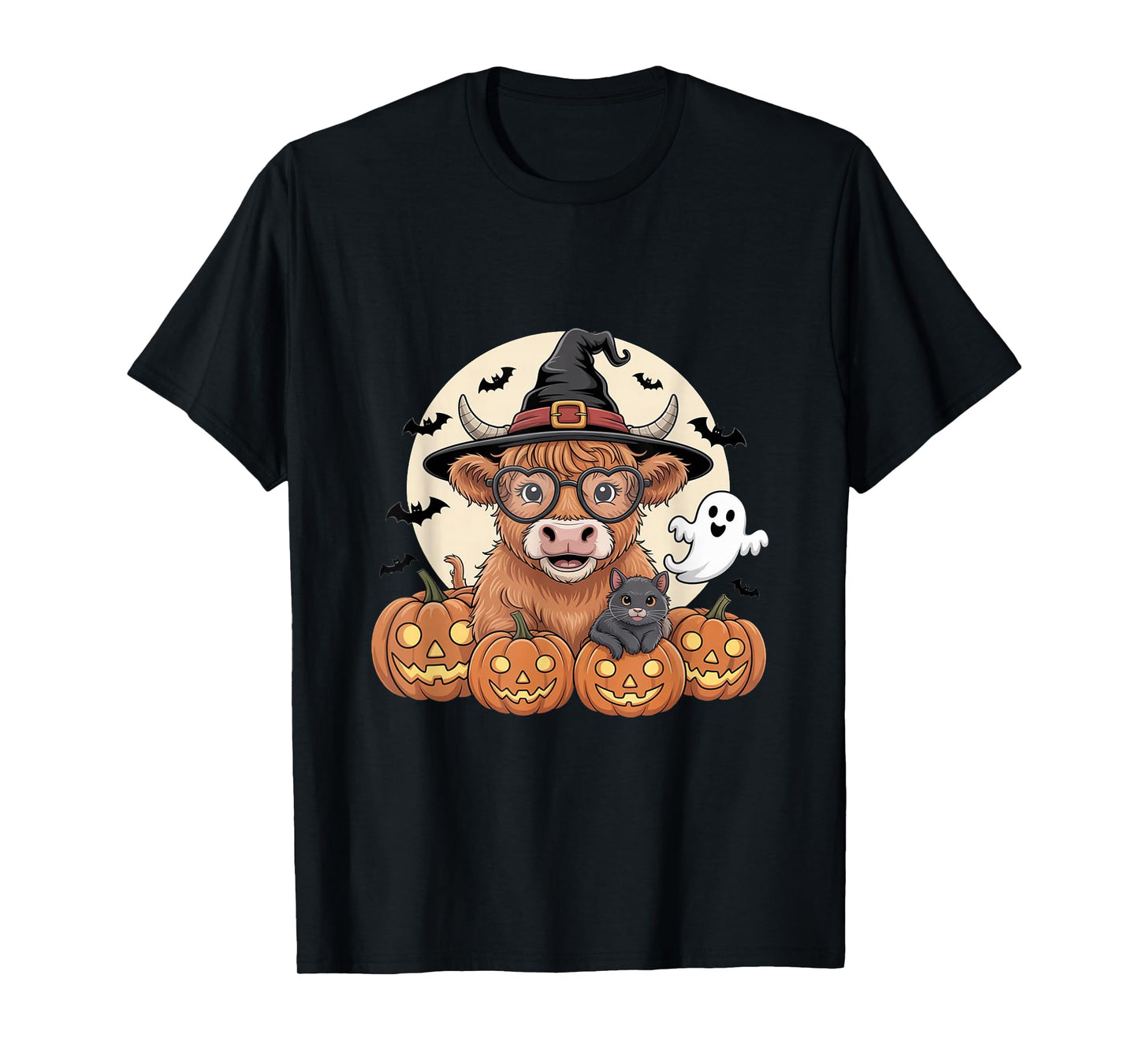 Cute Highland Cow Witch Halloween Pumpkin Black Cat Ghost T-Shirt