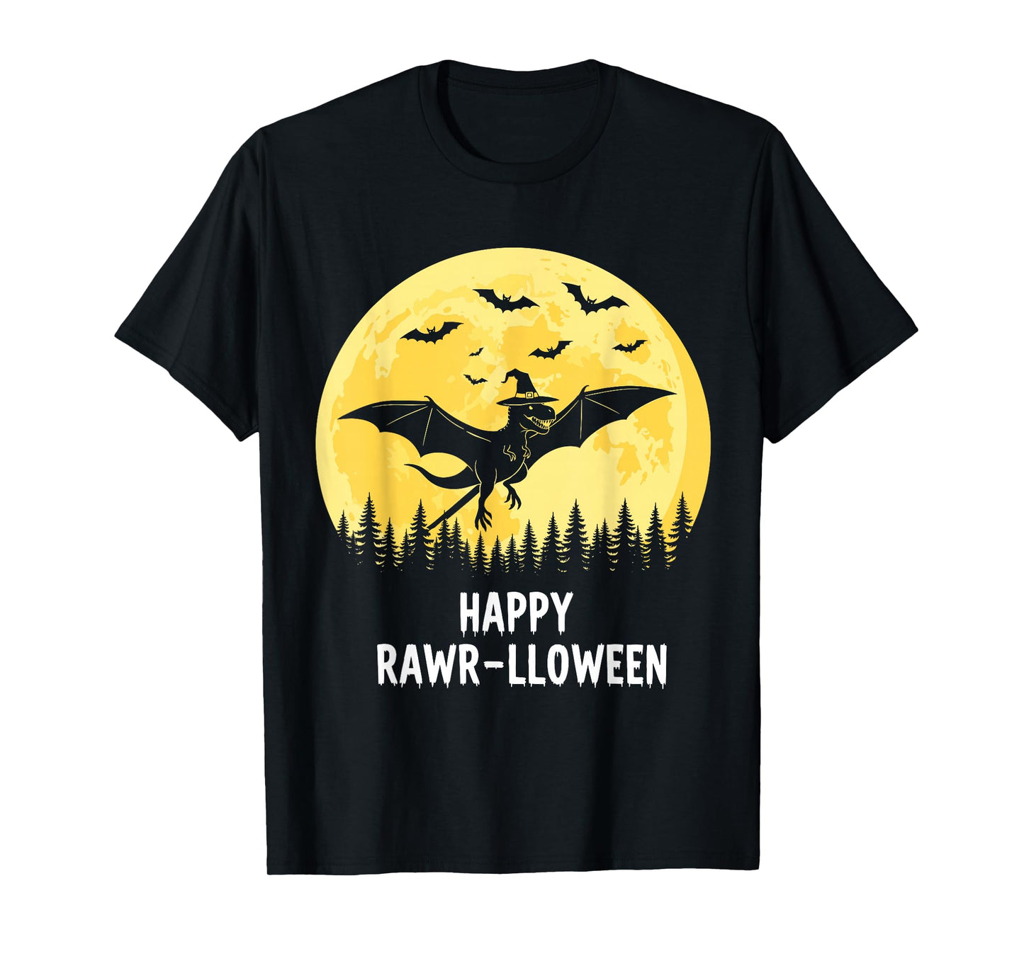Happy Rawr-lloween Funny Halloween T Rex Flying Witch T-Shirt