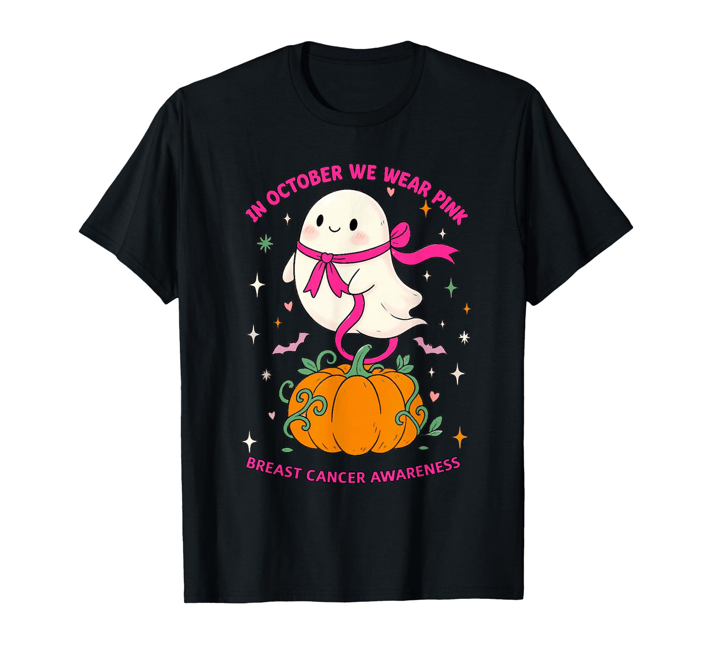 in October We Wear Pink Ghost Witch Breast Cancer Awareness T-Shirt