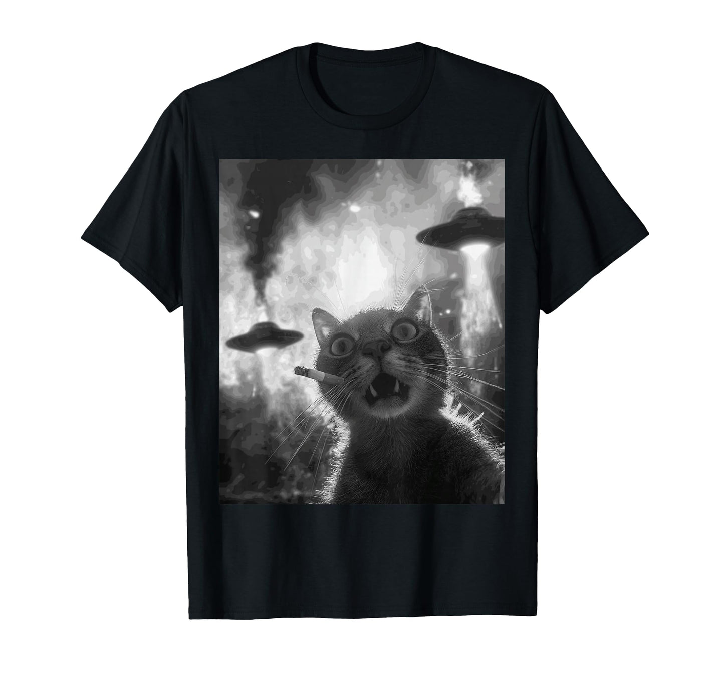Funny Graphic Cat Smoking UFOs Funny T-Shirt