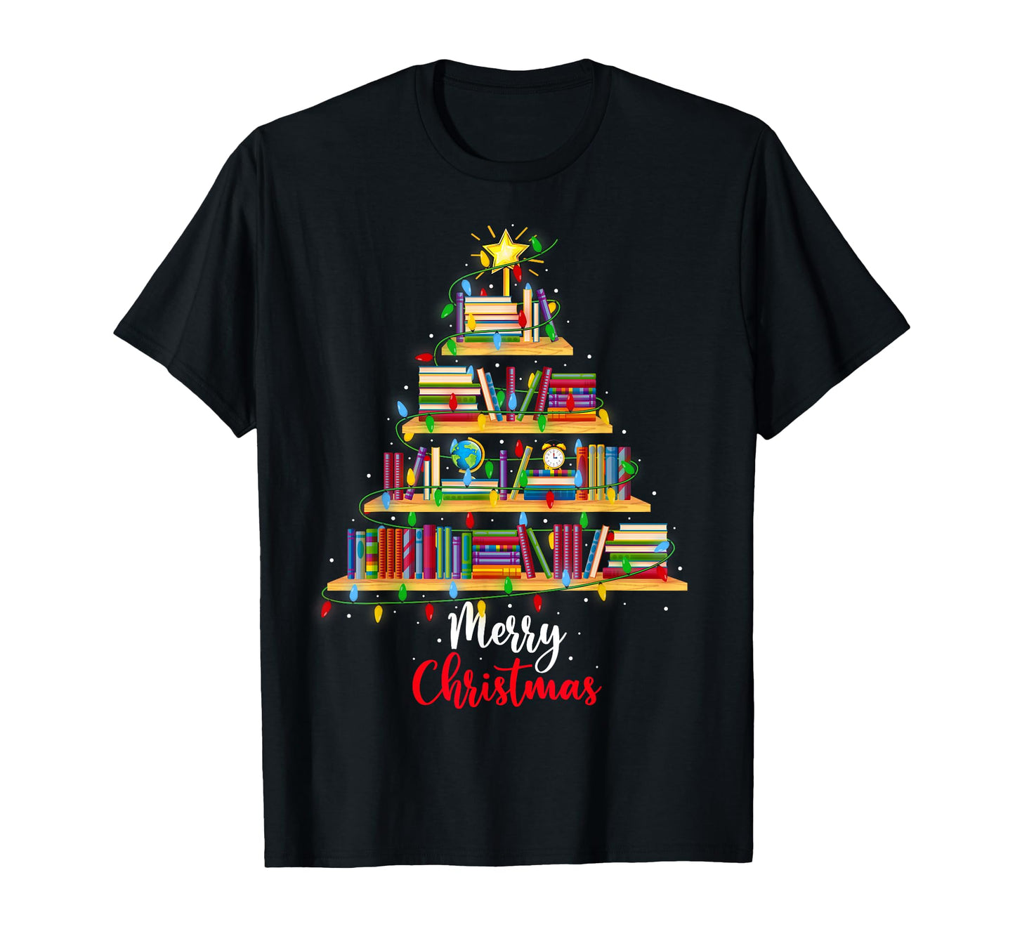 Book Christmas Tree Lights Book Lover Librarian Teacher Xmas T-Shirt