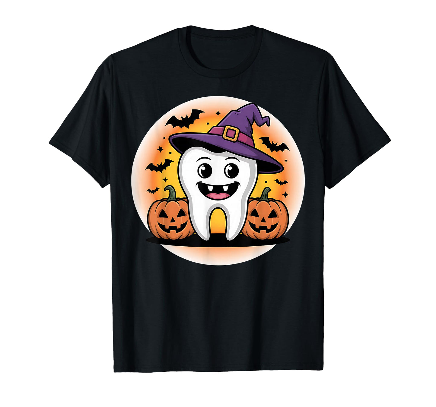 Halloween Tooth with Witch Hat and Pumpkins Design T-Shirt