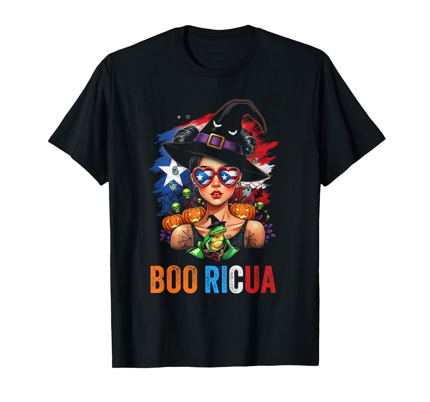 Puerto Rico Boo Ricua Halloween Witch and Frog Design T-Shirt