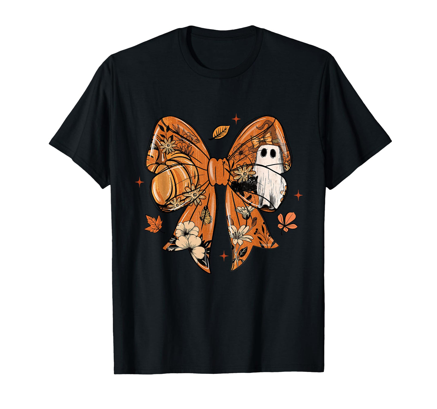 Retro Bow Ghost Witch Cat Pumpkin Flowers Halloween T-Shirt