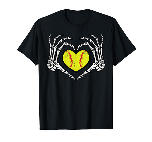 Halloween Softball Heart Skeleton Hands Costume Women Girls T-Shirt