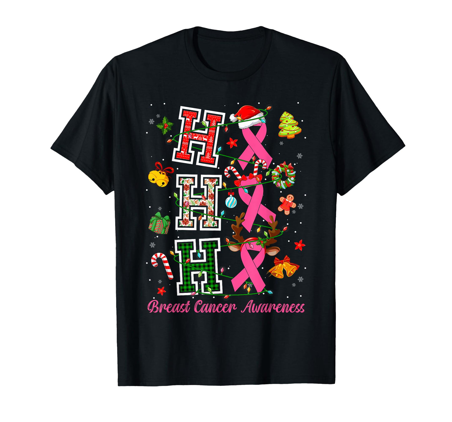 HoHoHo Pink Ribbon Santa Hat Christmas Lights Breast Cancer T-Shirt