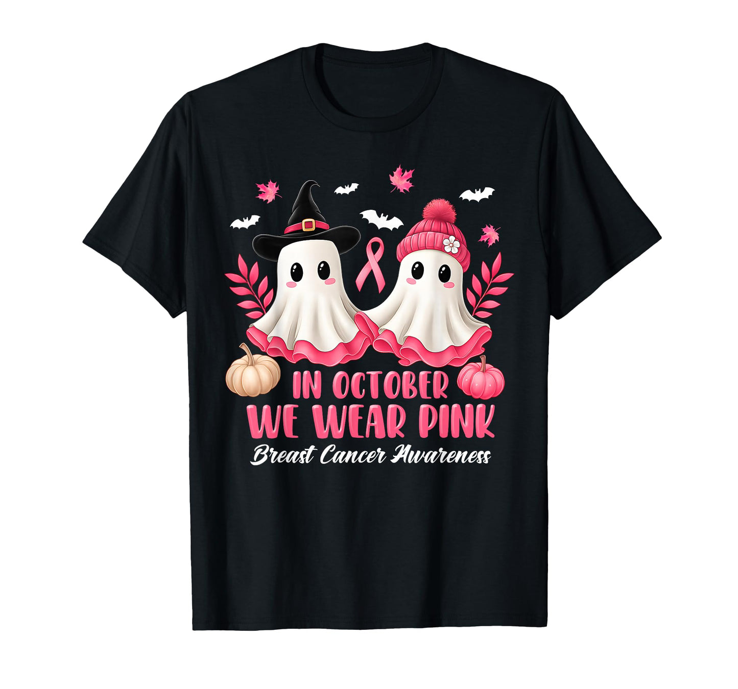 in October We Wear Pink Ghost Witch Breast Cancer Awareness T-Shirt
