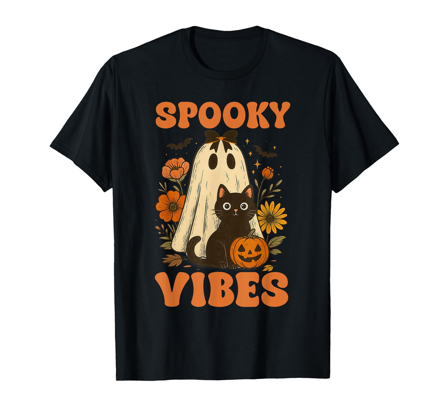 Vintage Halloween Ghost Holding Black Cat Groovy Floral T-Shirt