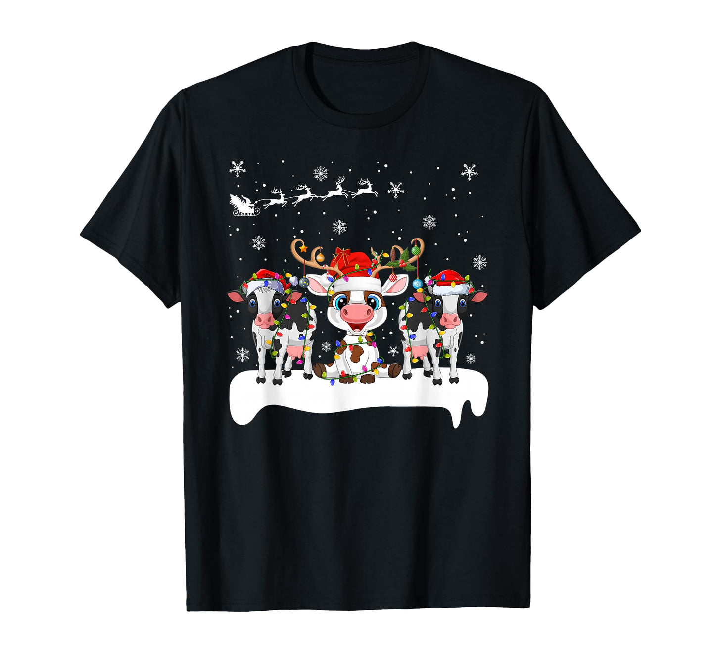 Cow Cattle Christmas Lights Reindeer Santa Hat Cowmas Xmas T-Shirt