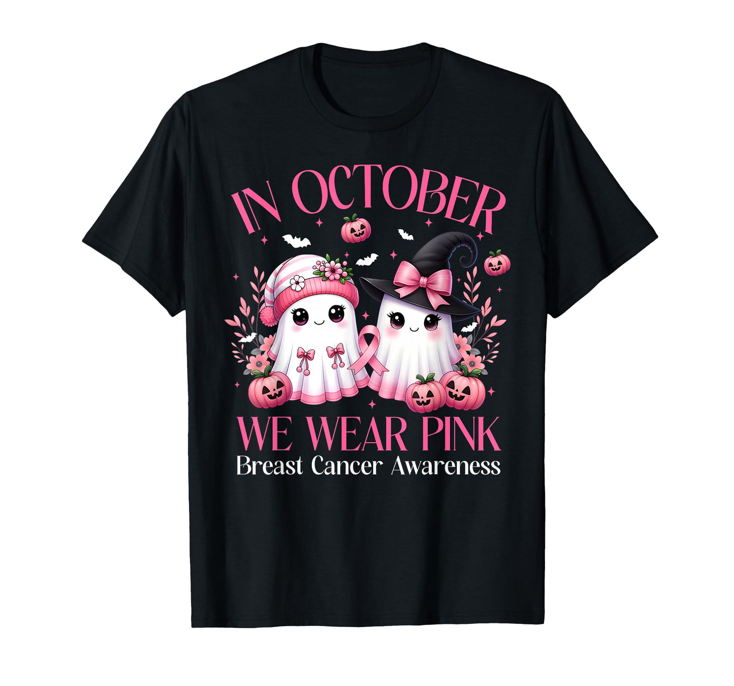 in October We Wear Pink Ghost Witch Breast Cancer Awareness T-Shirt
