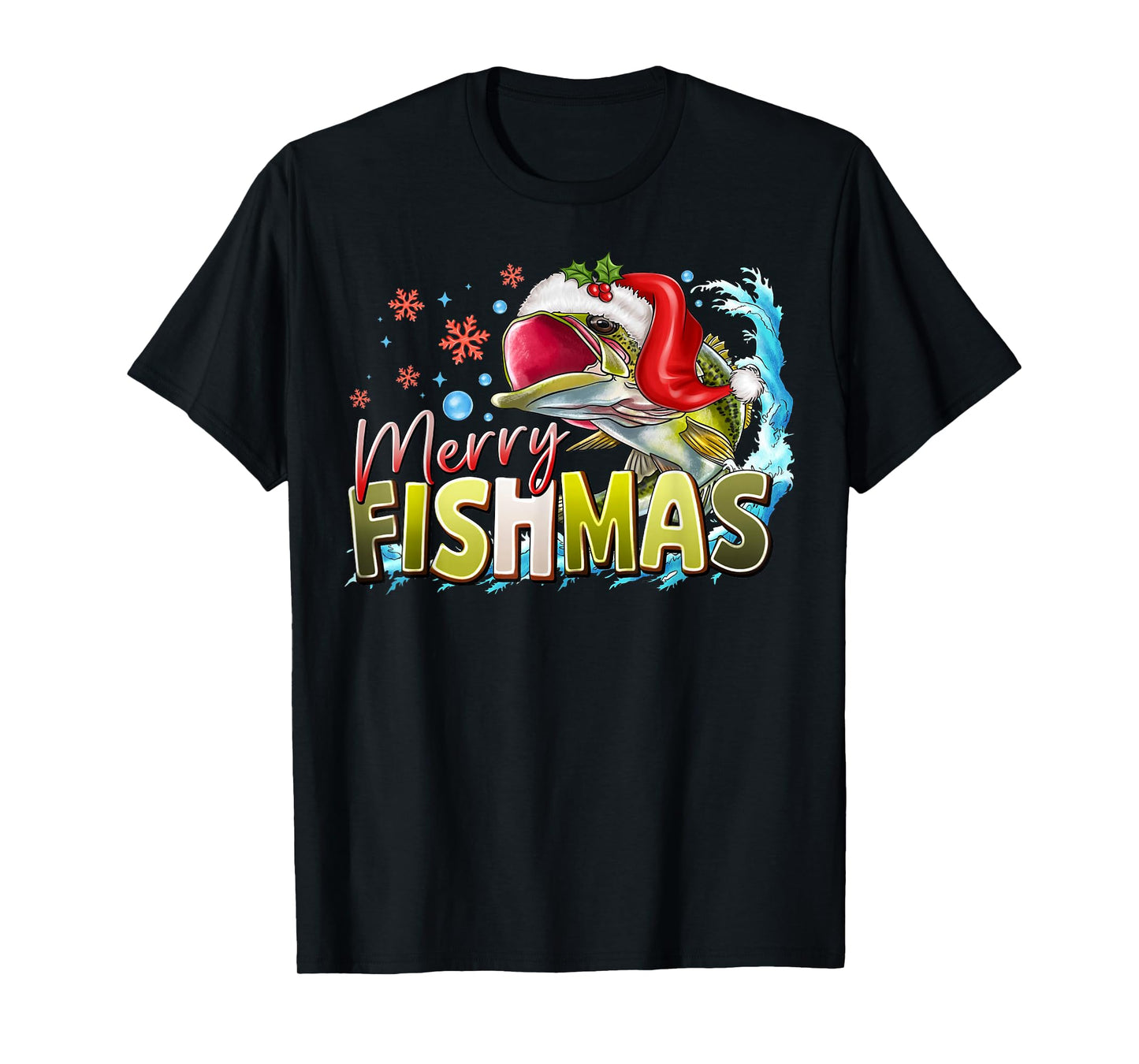 Funny Merry Fishmas Christmas Fisherman Bass Santa Hat T-Shirt