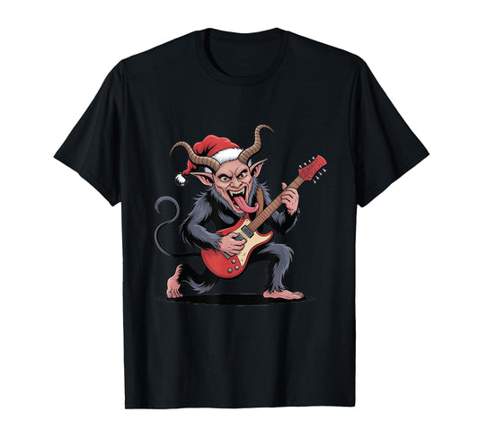 Evil Krampus Playing Guitar Electric Santa Hat Christmas T-Shirt