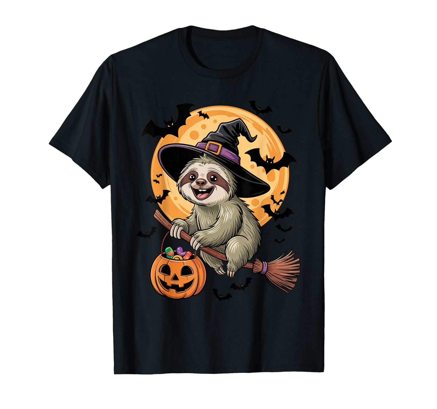 Sloth in Witch Hat on a Broom Halloween Spooky Costume T-Shirt