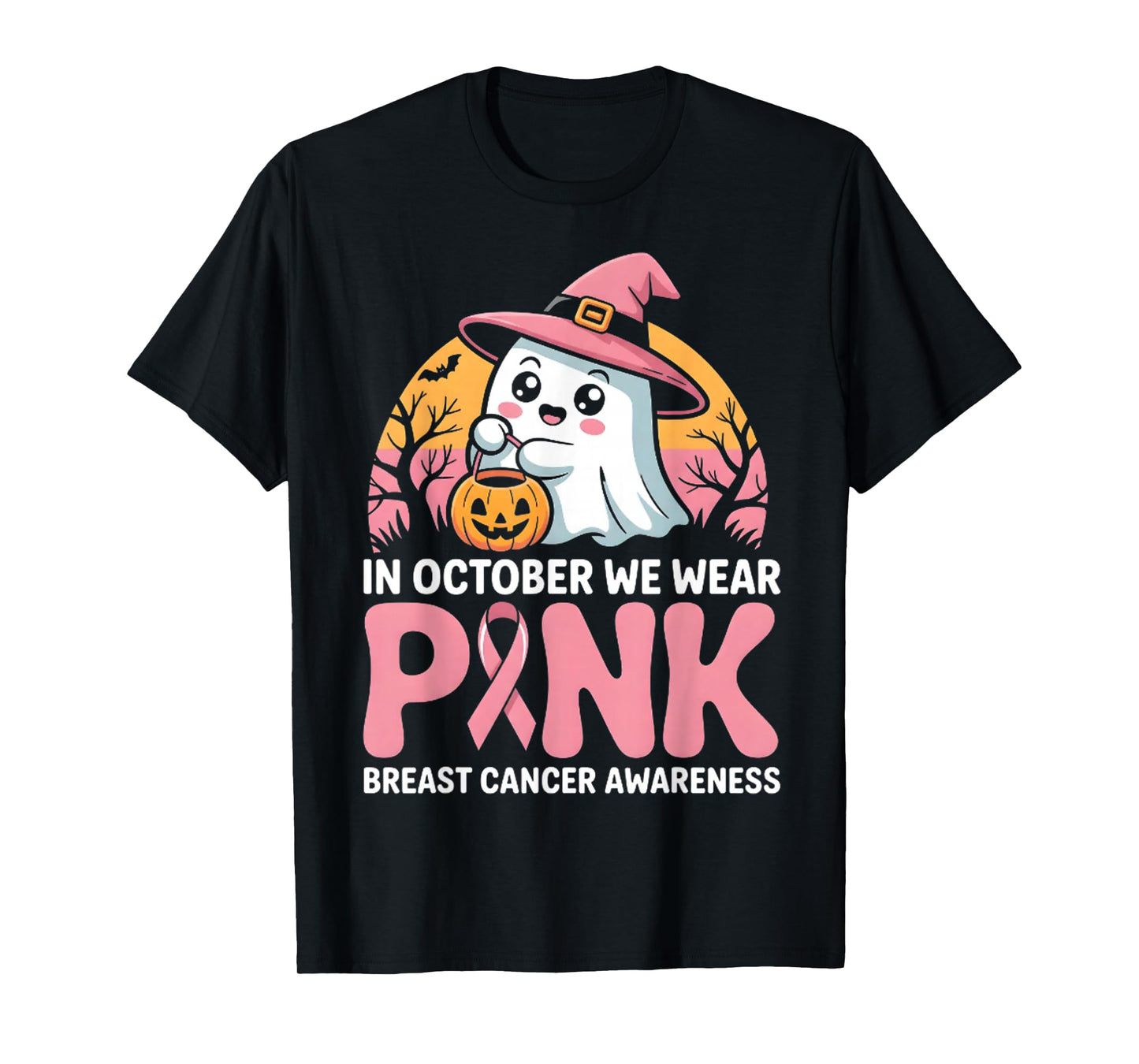 in October We Wear Pink Ghost Witch Breast Cancer Awareness T-Shirt