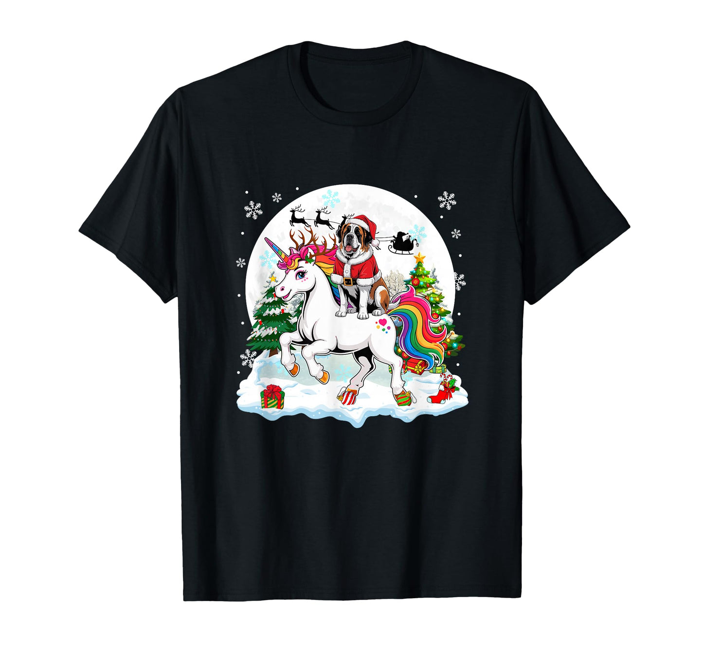 Santa St. Bernard Riding Unicorn Reindeer Christmas Owner T-Shirt