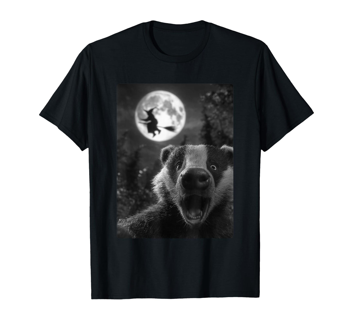 Funny Badger Selfie Full Moon Flying Witch Forest Halloween T-Shirt