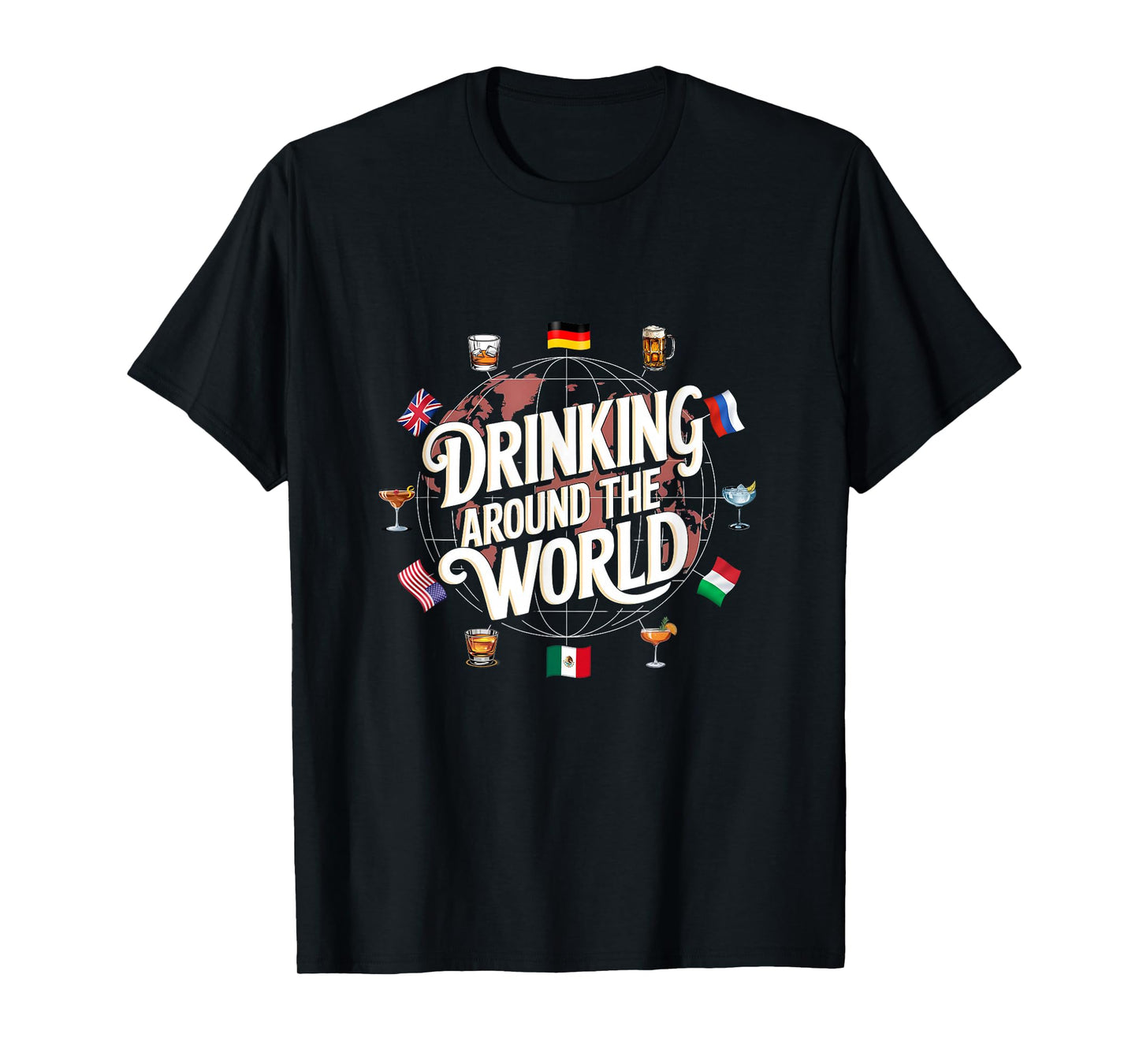 Funny Drinking Around The World Drink T-Shirt - Funny Drinking Around The World Drink - Black - Unisex-Adults - Short Sleeve - T-Shirt - Polyester 100% - Modern Cartoon Round Collar - Small