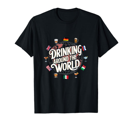 Funny Drinking Around The World Drink T-Shirt - Funny Drinking Around The World Drink - Black - Unisex-Adults - Short Sleeve - T-Shirt - Polyester 100% - Modern Cartoon Round Collar - Small