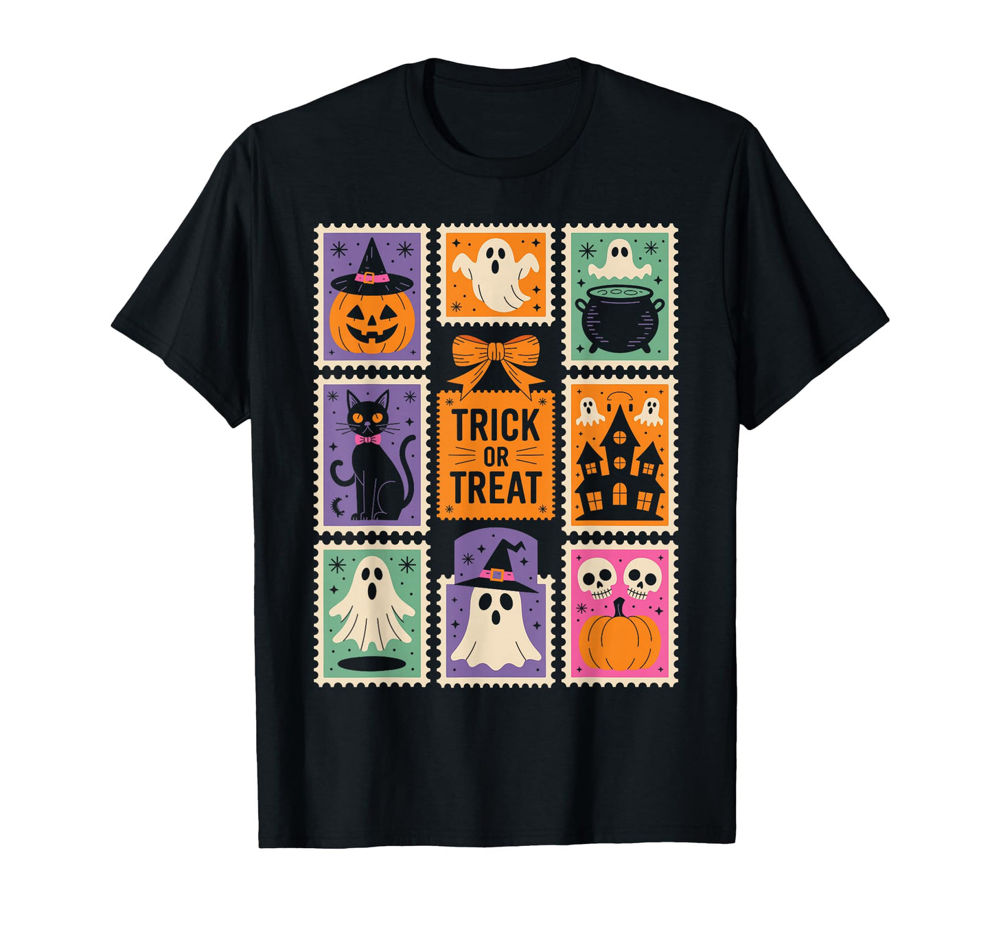 Halloween Stamps Spooky Pumpkin Ghost Cat Witch Skeleton T-Shirt