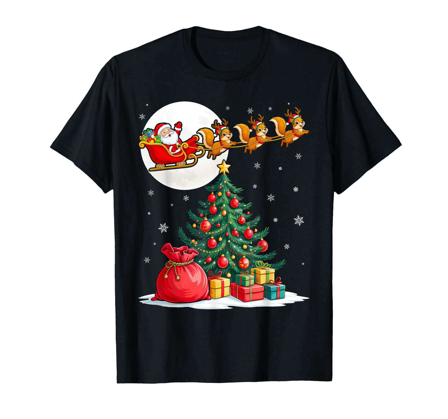 Santa Claus Squirrels Pulling Sleigh Christmas T-Shirt