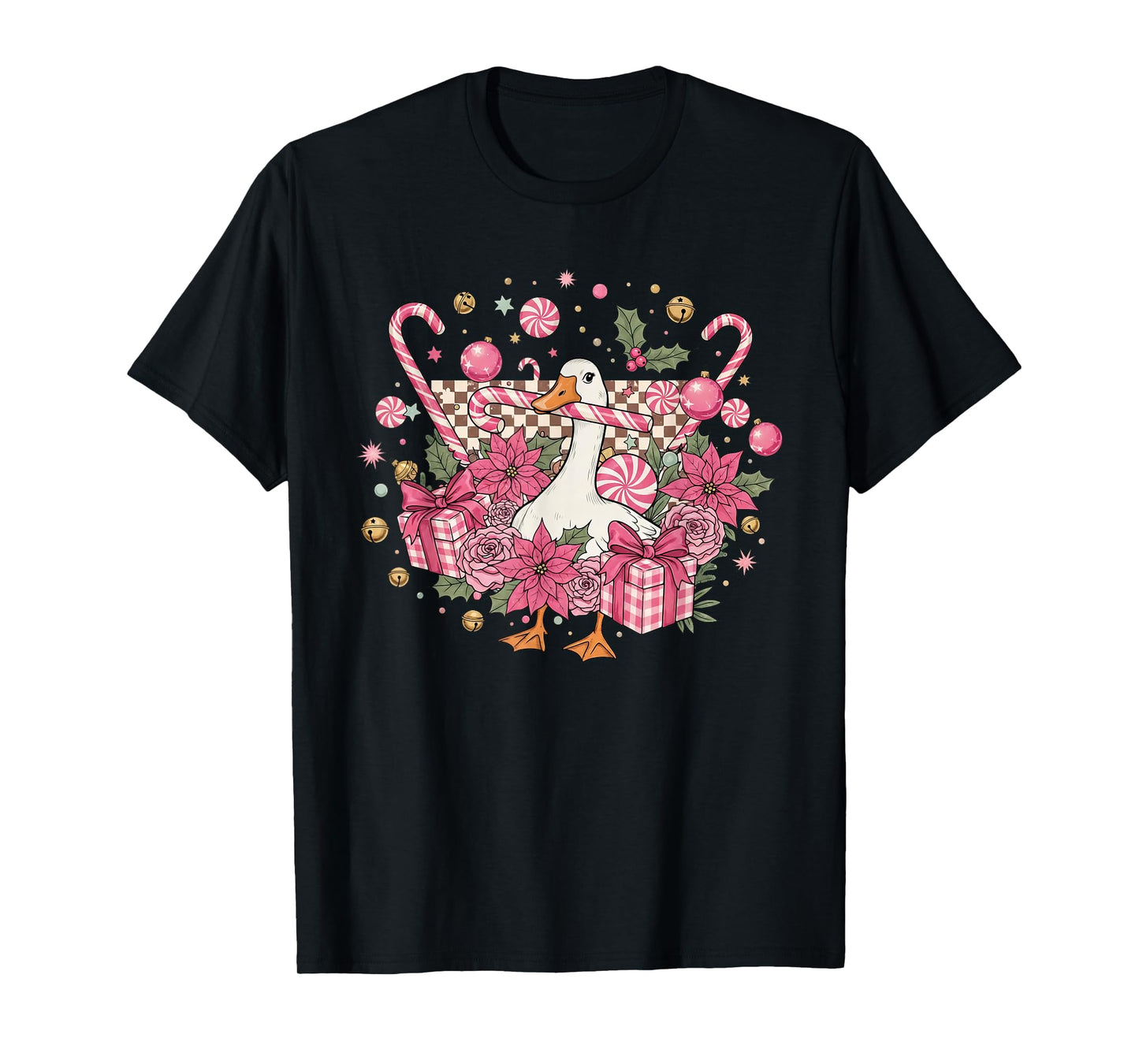 Coquette Christmas Pink Retro Cute Goose Checkered Funny T-Shirt