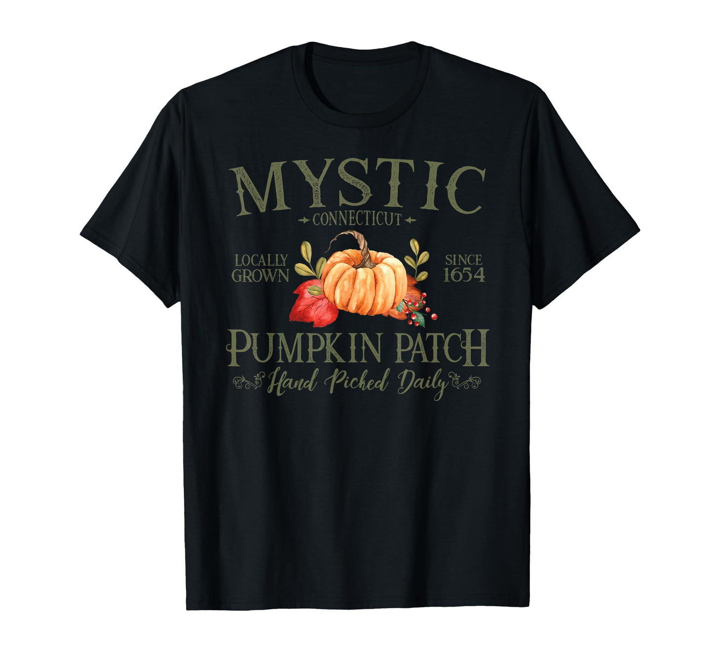 Mystic Connecticut Pumpkin Patch Fall Olive Letters T-Shirt