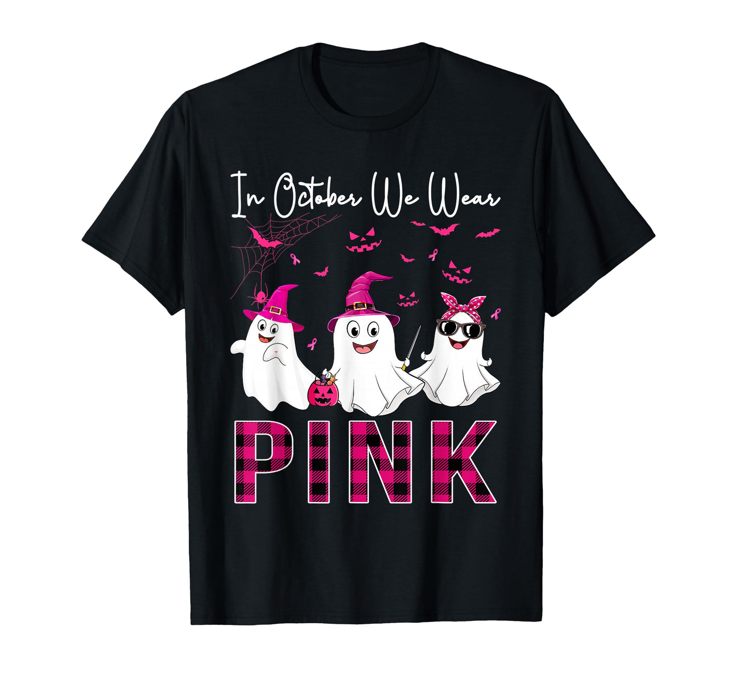 in October We Wear Pink Ghost Witch Breast Cancer Awareness T-Shirt