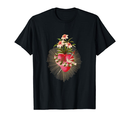 Immaculate Heart of Mary Vintage Lilies and Dove Catholic T-Shirt