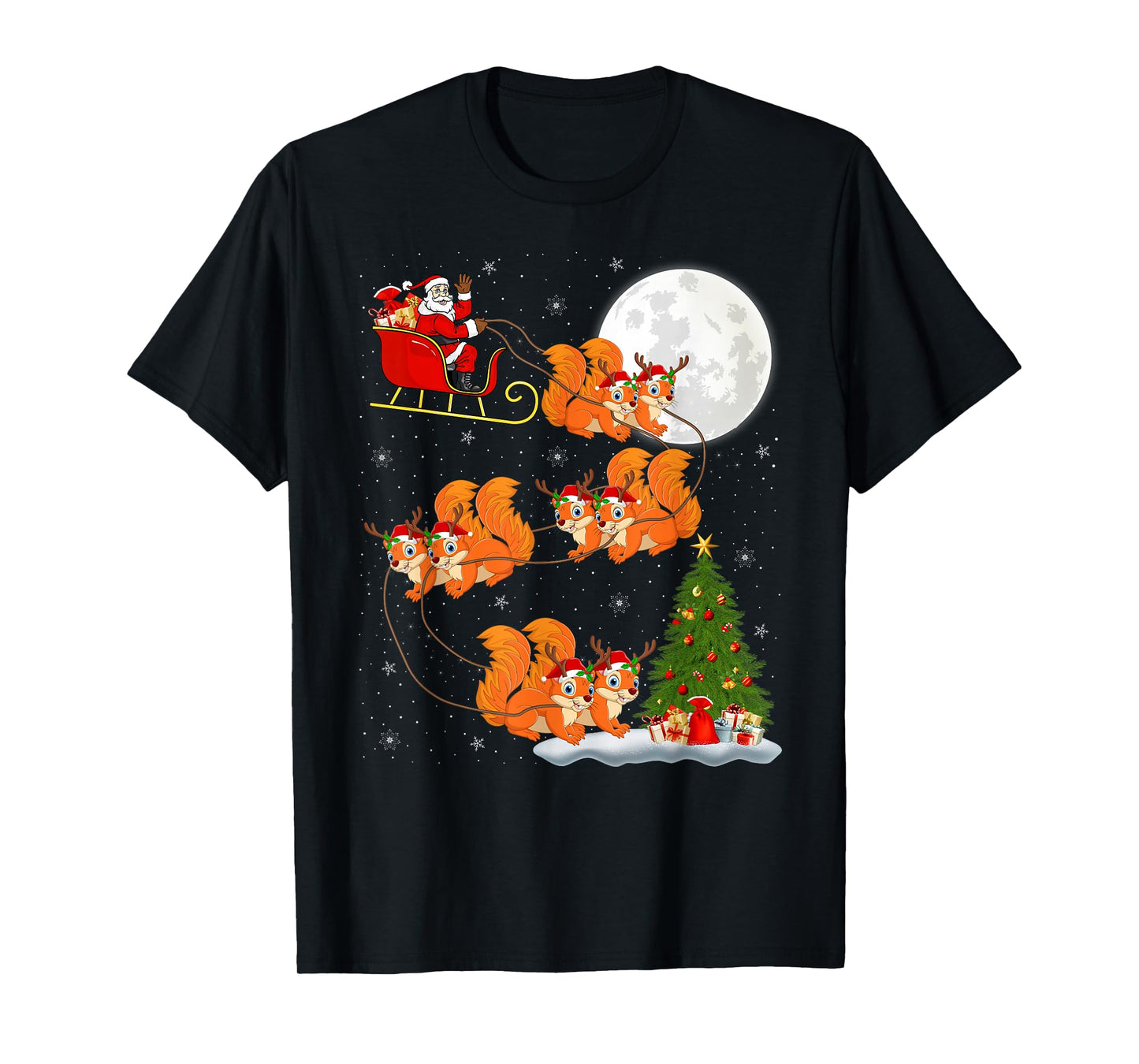Squirrel Santa Sleigh Flying Funny Magical Christmas T-Shirt