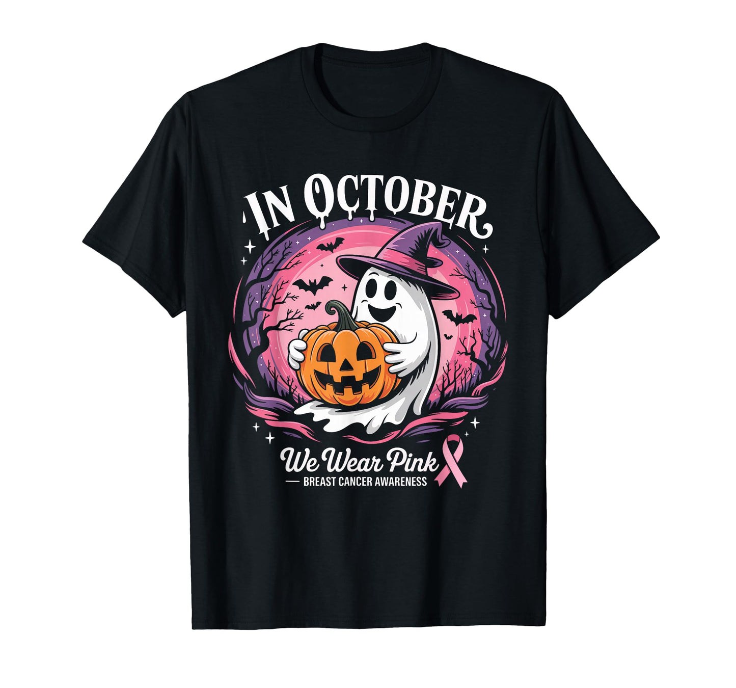 in October We Wear Pink Ghost Breast Cancer Awareness T-Shirt