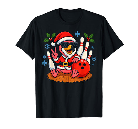 Cute Santa Flamingo Bowling Christmas Funny Holiday Vibes T-Shirt