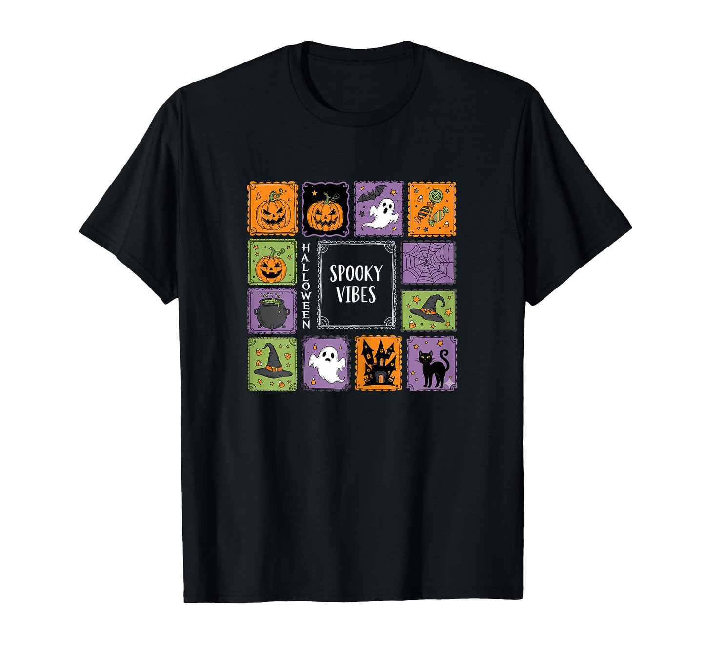 Spooky Vibes Halloween Pumpkins Ghost Black Haunted House T-Shirt