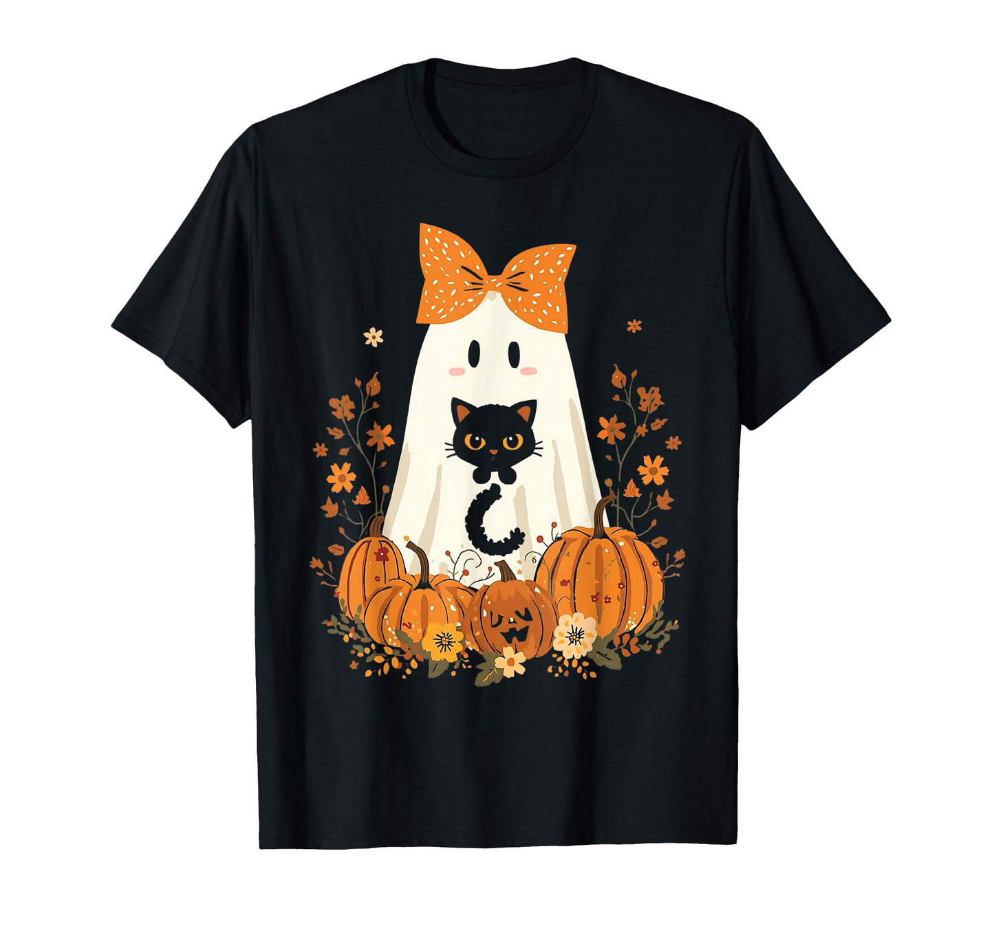 Vintage Halloween Ghost Holding Cat Groovy Floral Cat Meme T-Shirt