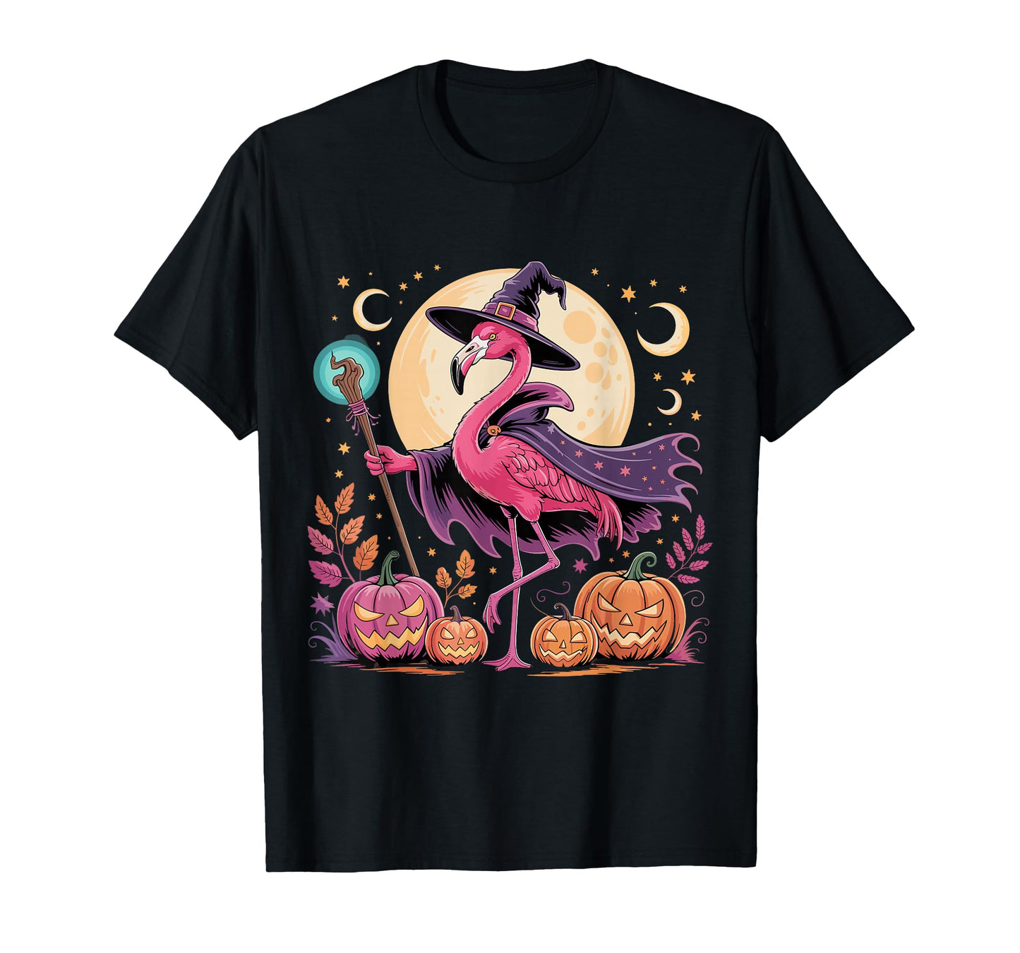 Halloween Flamingo Witch Under Moonlight – Autumn Pumpkin T-Shirt
