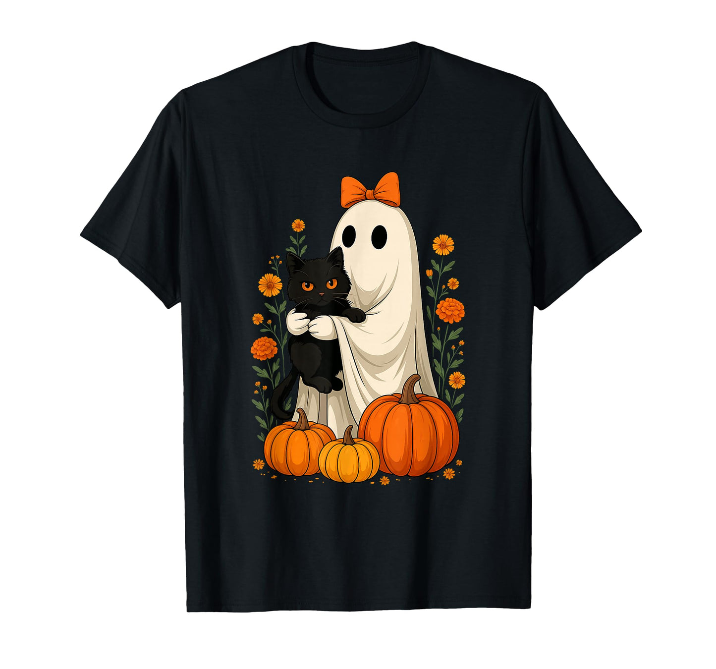Halloween Ghost Holding Black Cat Groovy Floral Pumpkin T-Shirt