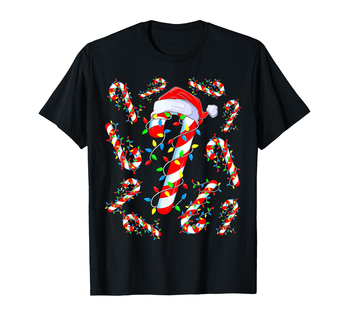 Red And White Candy Cane Santa Christmas Funny Xmas Lights T-Shirt