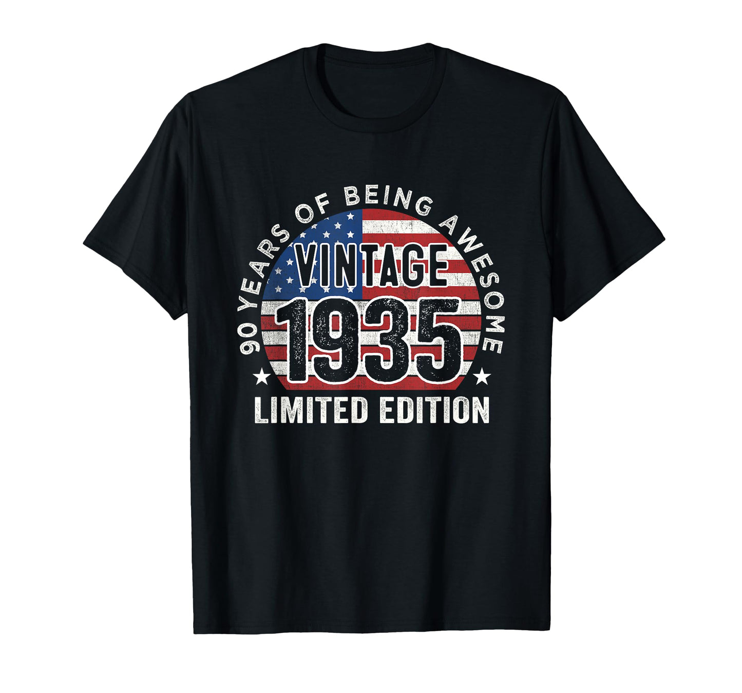90th Birthday Gifts Men Vintage 1935 90 Years Old USA Flag T-Shirt