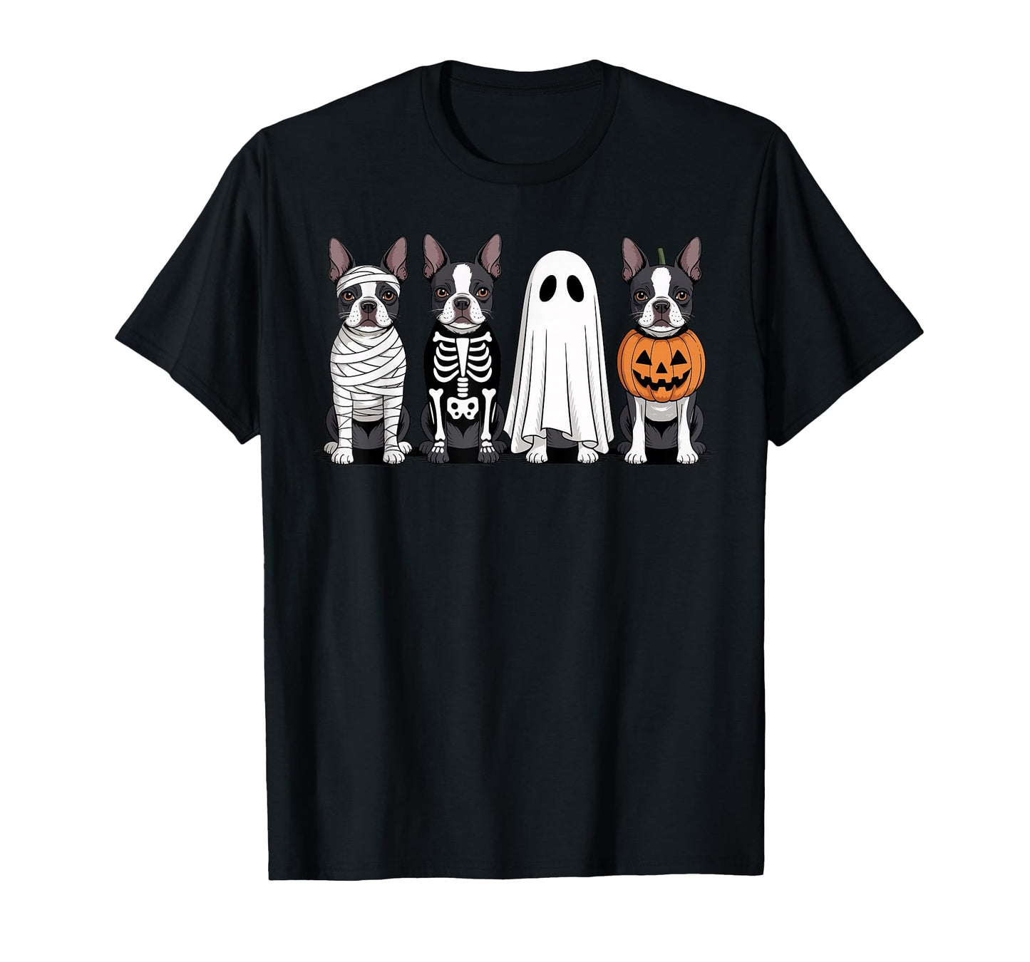 Spooky Ghost Boston Terrier Pumpkin Halloween Dog Skeleton T-Shirt