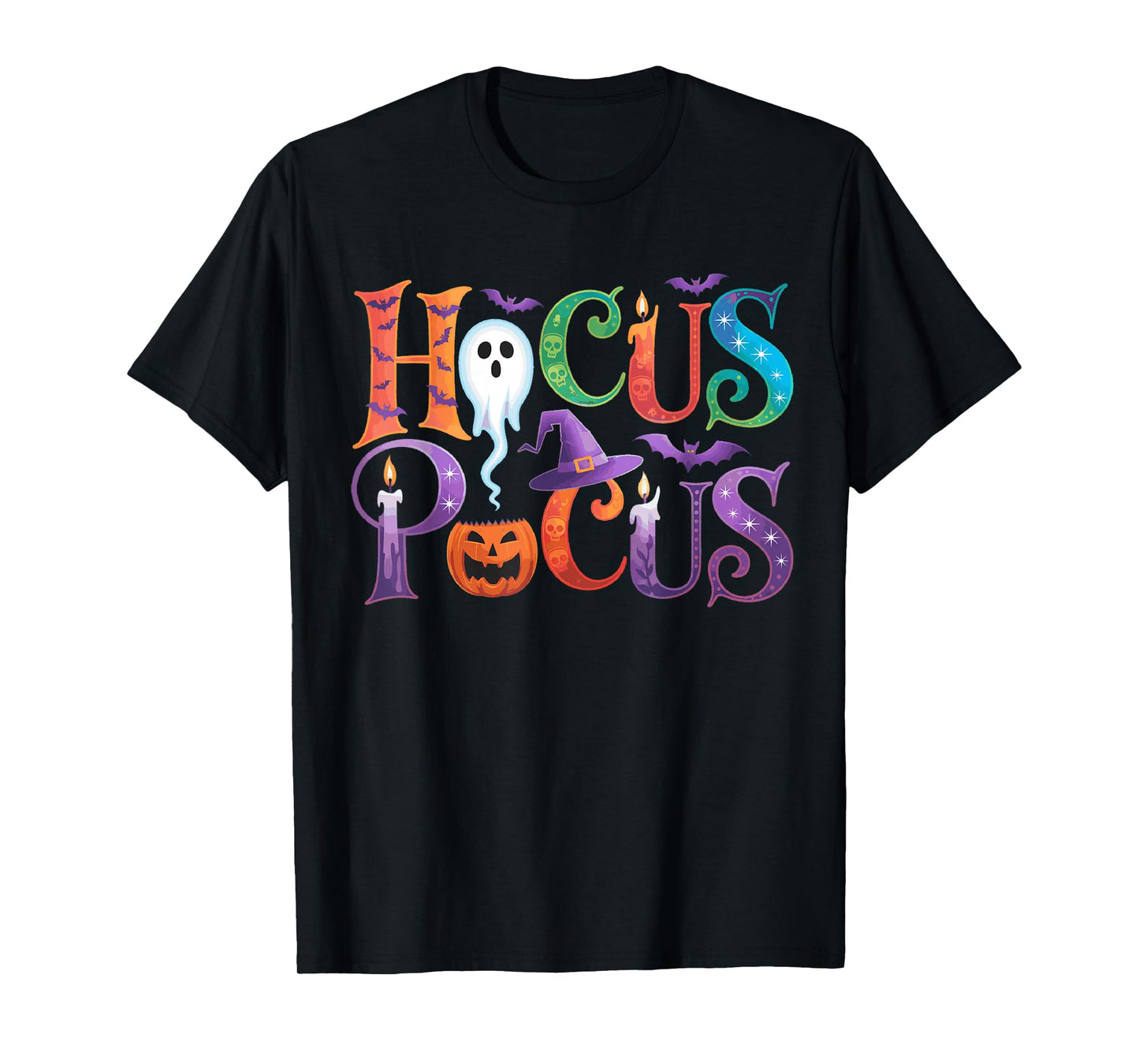 Hocus Pocus Halloween Typeface Ghostly Bats Candles Pumpkin T-Shirt