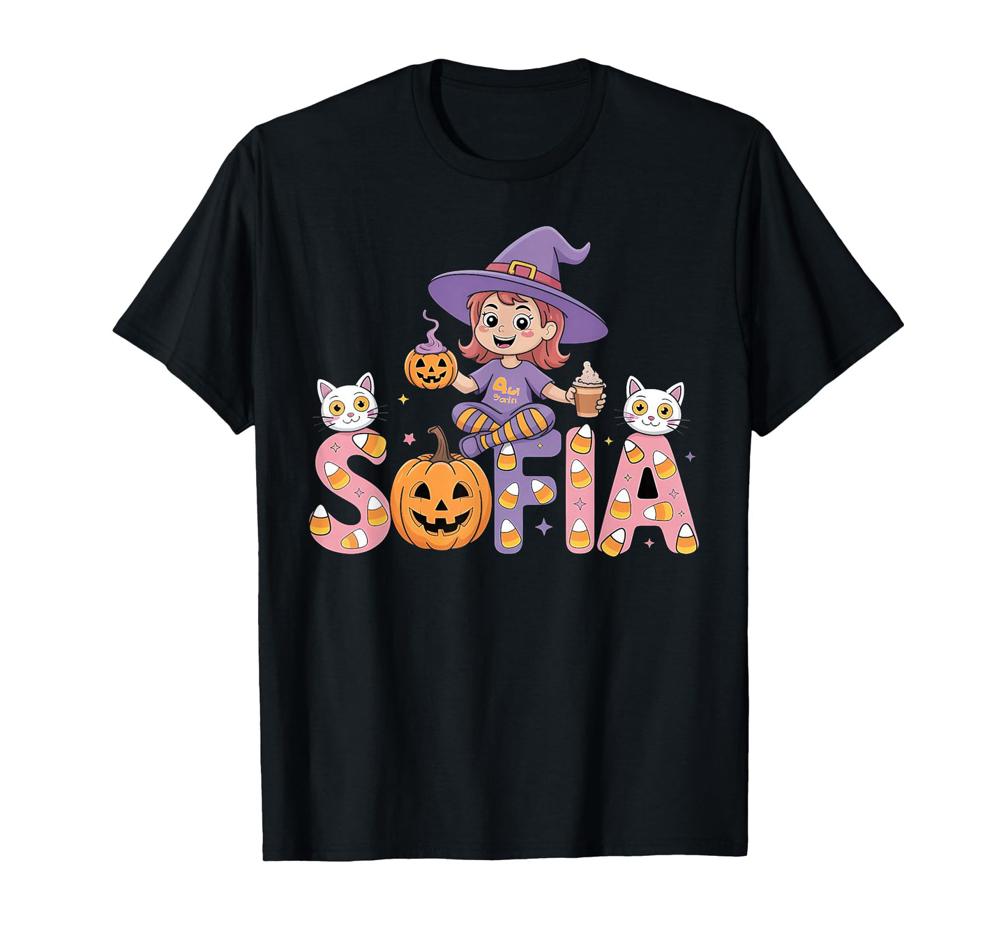 Sofia Witch Candy Corn Cat Halloween Women and Girls T-Shirt